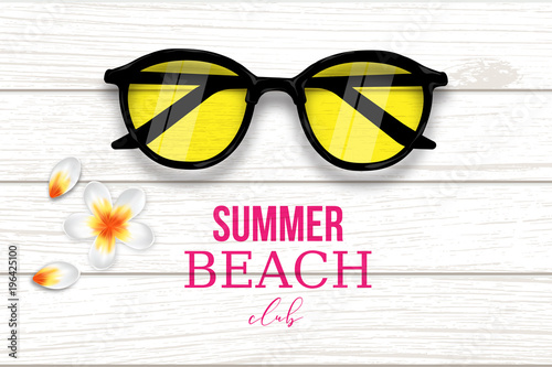 Summer beach club wooden banner. Realistic vanilla bud petal on wooden texture banner lifestyle travel vacation design. Wood board glossy plastic glasses. Exotical vector object illustration.