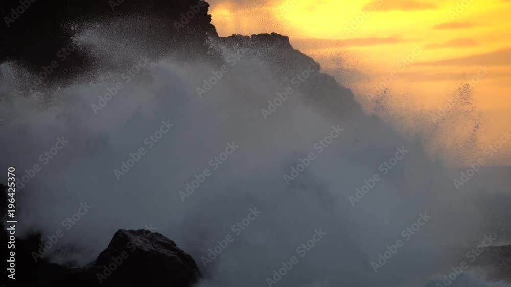 Large ocean waves roll into the coast of Hawaii and break on the shore. Large ocean waves roll into the coast of Hawaii and break on the shore.