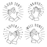 Doodle hands claps. Hand drawn applauding clapping hands isolated on white background, winner applause sketch vector illustration