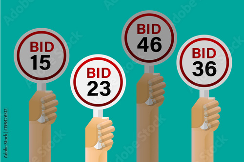 Hands holding auction paddle vector illustration.