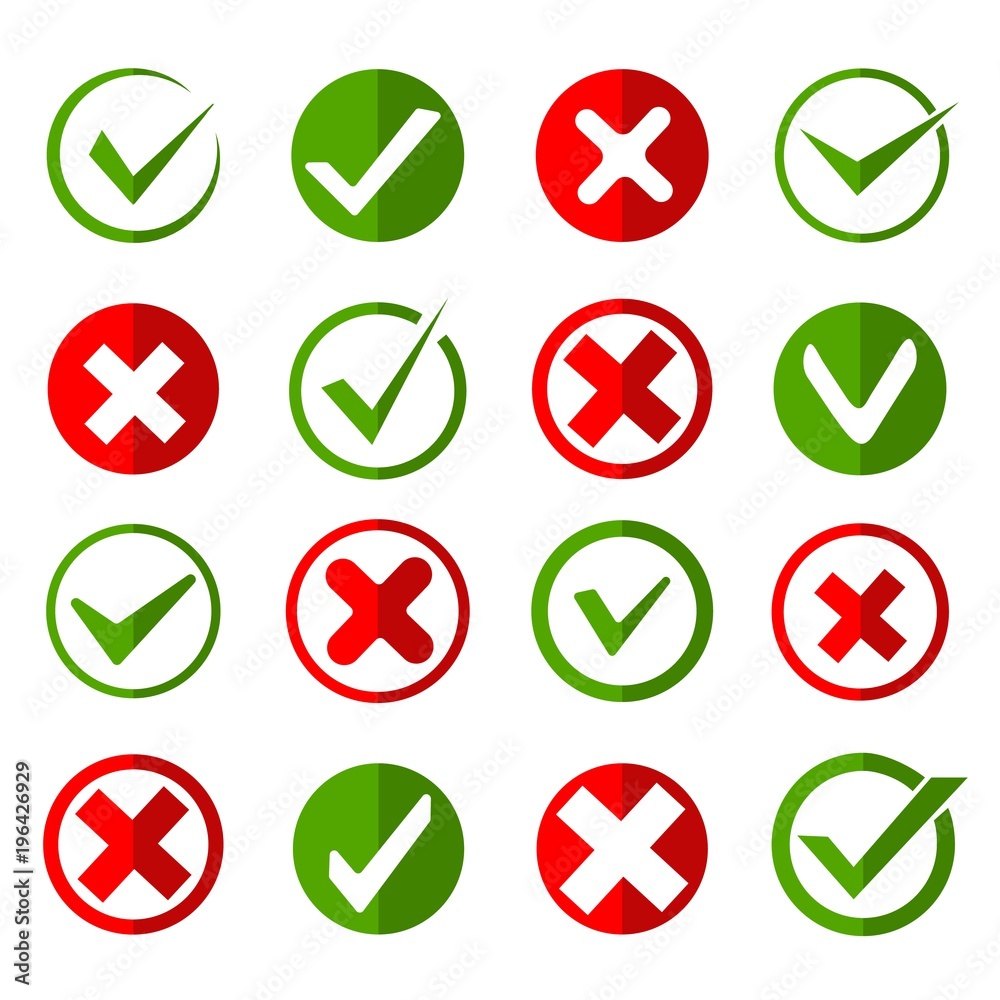 Crosses and ticks signs. Green tick and red cross, ok and crossing checkmark vector icons in flat style Crosses and ticks signs. Green tick and red cross, ok and crossing checkmark vector icons in flat style