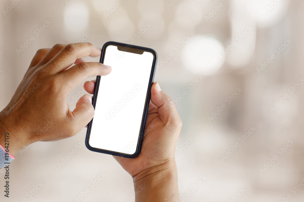 man hand with white screen smartphone