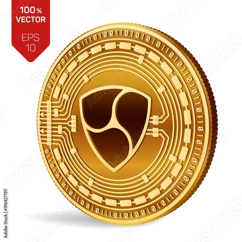 Nem. Crypto currency. 3D isometric Physical coin. Digital currency. Golden coin with Nem symbol isolated on white background. Vector illustration.