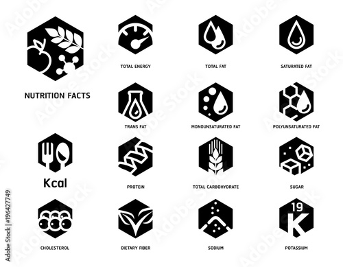 Nutrition facts with Food Science laboratory Hexagon strong symbol concept style. Symbols of Separation nutrients are common in food products collection.