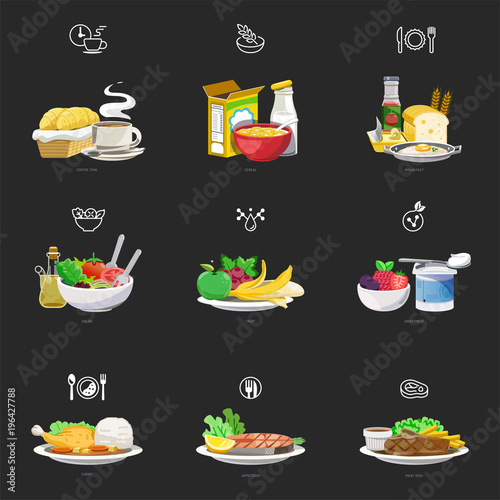 meals of people who should eat in a day helps to grow. Ideas for creating a nutritional description for daily food and consumer research and thin icon.