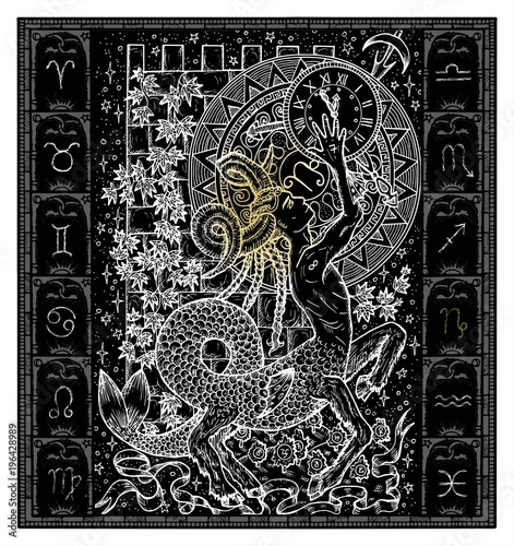 White silhouette of fantasy Zodiac sign Capricorn in gothic frame on black. Hand drawn engraved illustration