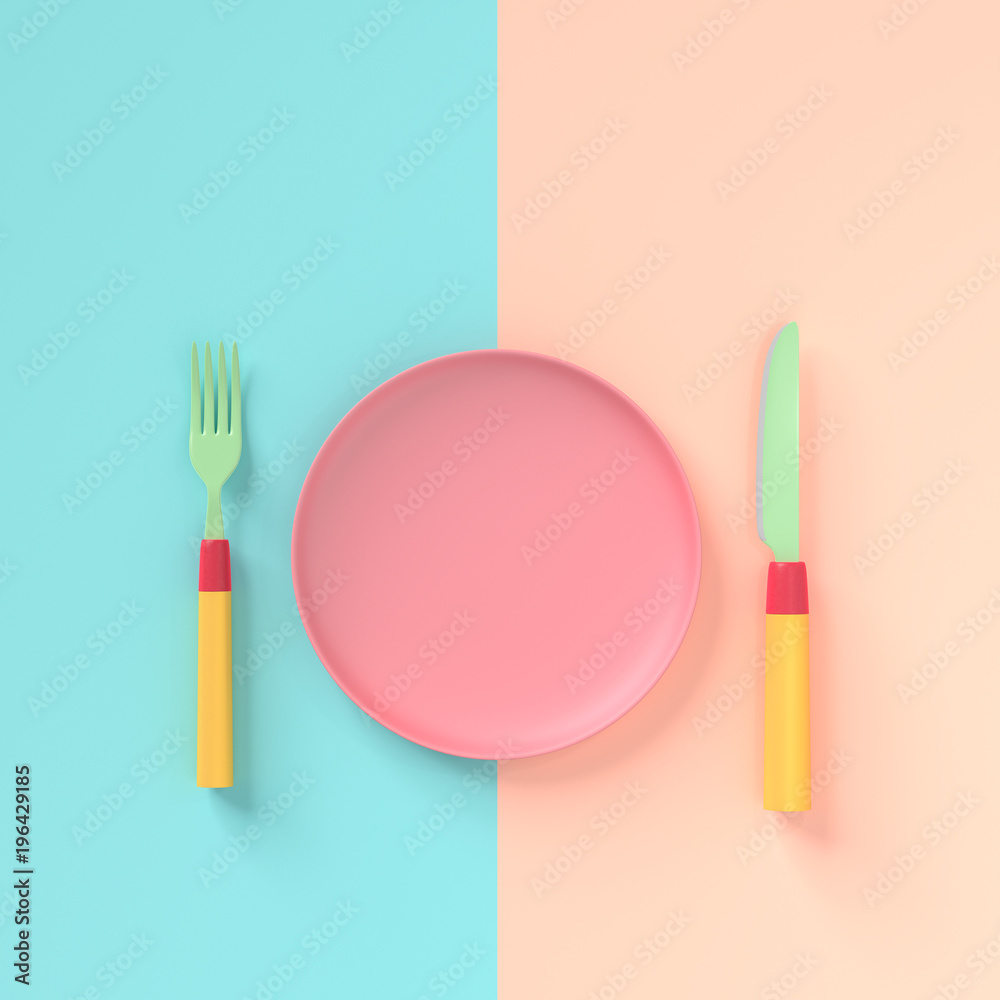 Fork with knife and plate pastel color