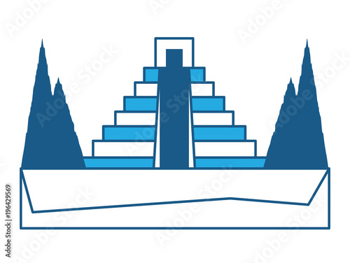 mexican pyramid surrounded by nature icon over white background, blue shading design. vector illustration