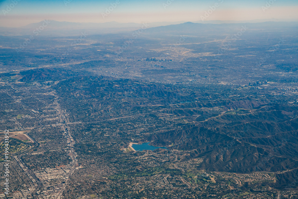 Aerial view of Encino Reservoir, Van Nuys, Sherman Oaks, North Hollywood, Studio City