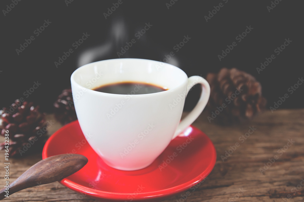 Close up hot coffee on rustic wooden table with retro filter, Vintage lifestyle Close up hot coffee on rustic wooden table with retro filter, Vintage lifestyle