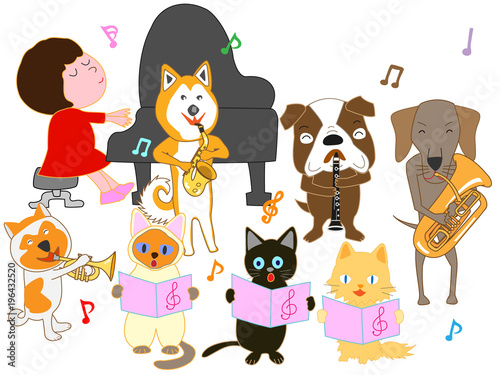 Fototapeta Naklejka Na Ścianę i Meble -  猫と犬のコンサート。子供とペットが歌ったり、楽器を演奏したりしている。