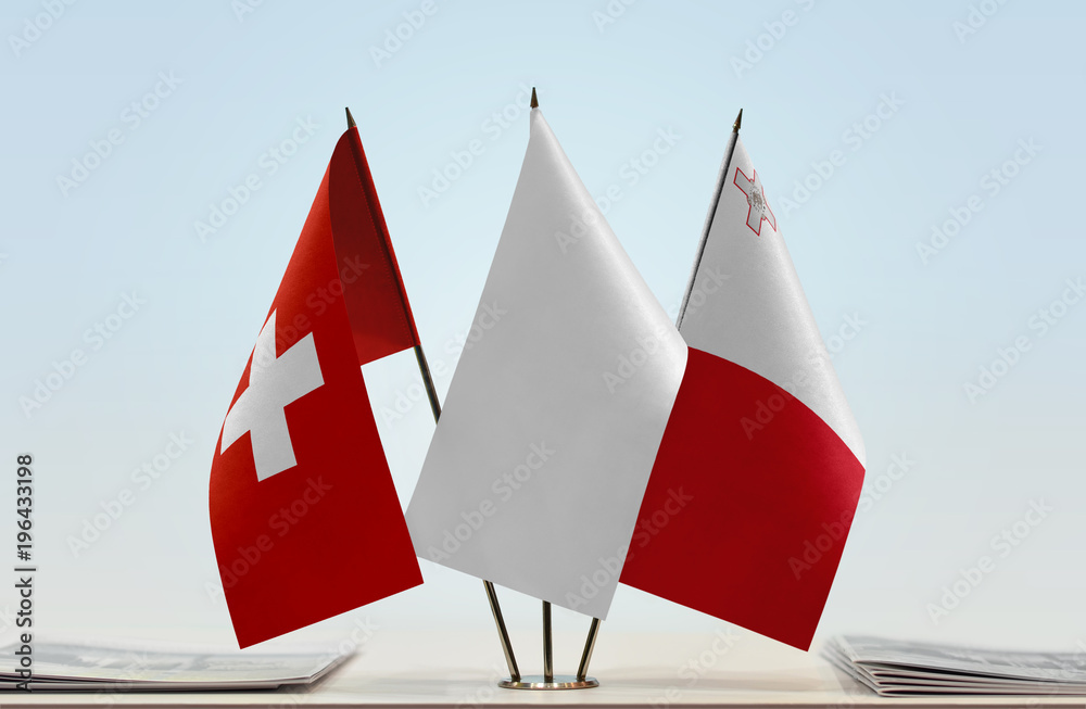 Flags of Switzerland and Malta with a white flag in the middle Flags of Switzerland and Malta with a white flag in the middle