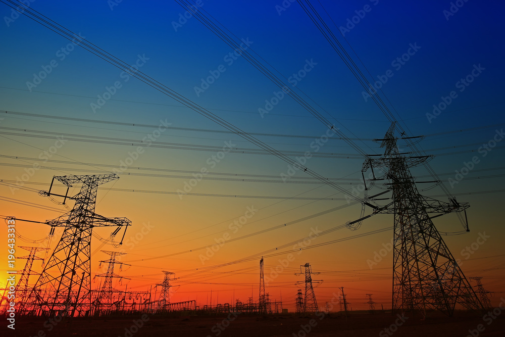 Pylon, high-voltage tower sky background.