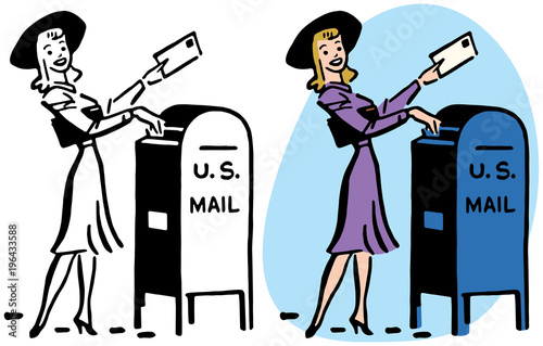 A woman drops a letter into a mailbox.