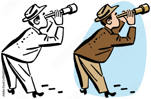 A man peers through a telescope, spying on someone