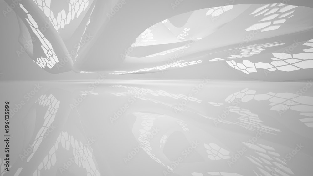 Abstract parametric white interior with neon lighting. 3D illustration and rendering. Abstract parametric white interior with neon lighting. 3D illustration and rendering.