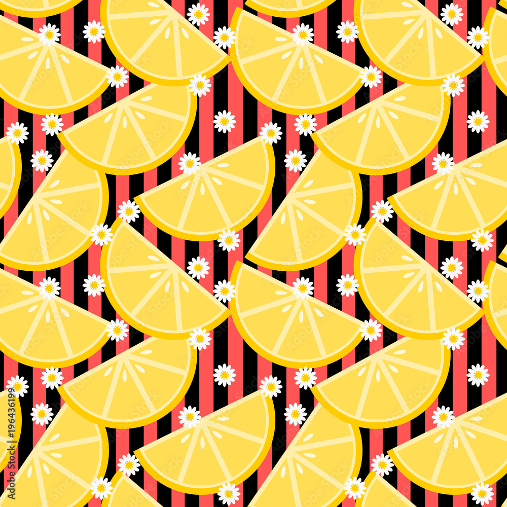 Sliced lemon and tiny white flowers seamless pattern vector. Hello Summer and freshness concept.