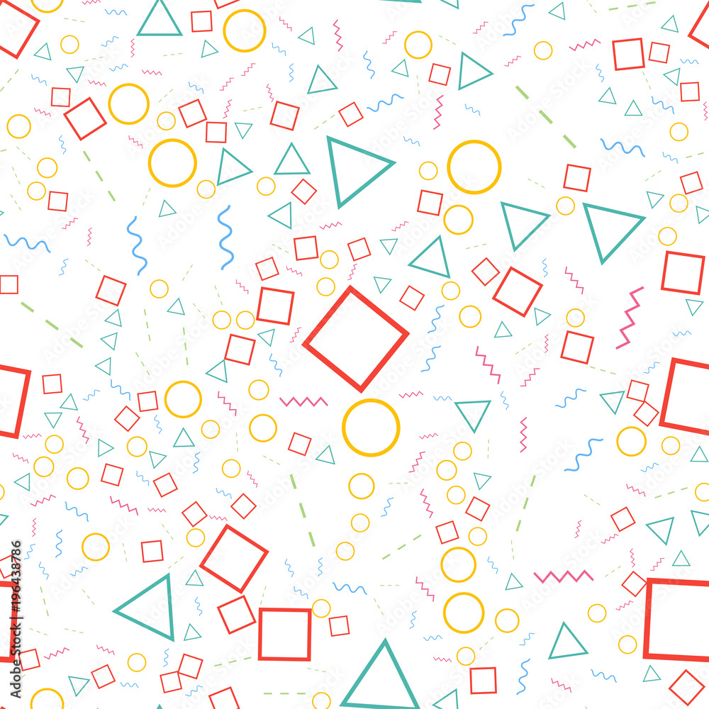 Geometric seamless pattern from different shapes. Triangle circle square line zigzag. Abstract repeating background. Vector illustration Geometric seamless pattern from different shapes. Triangle circle square line zigzag. Abstract repeating background. Vector illustration
