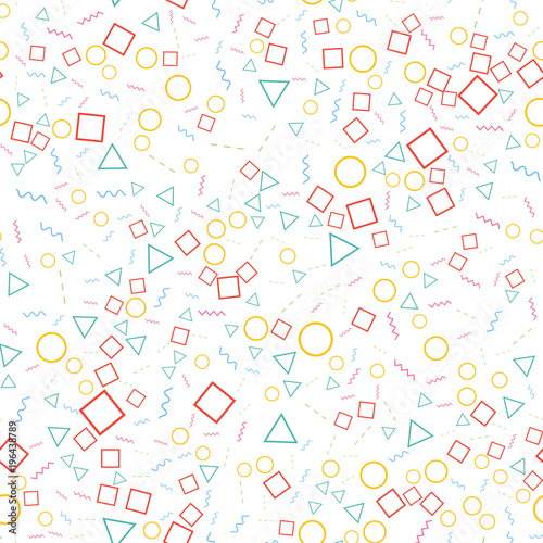 Geometric seamless pattern from different shapes. Triangle circle square line zigzag. Abstract repeating background. Vector illustration