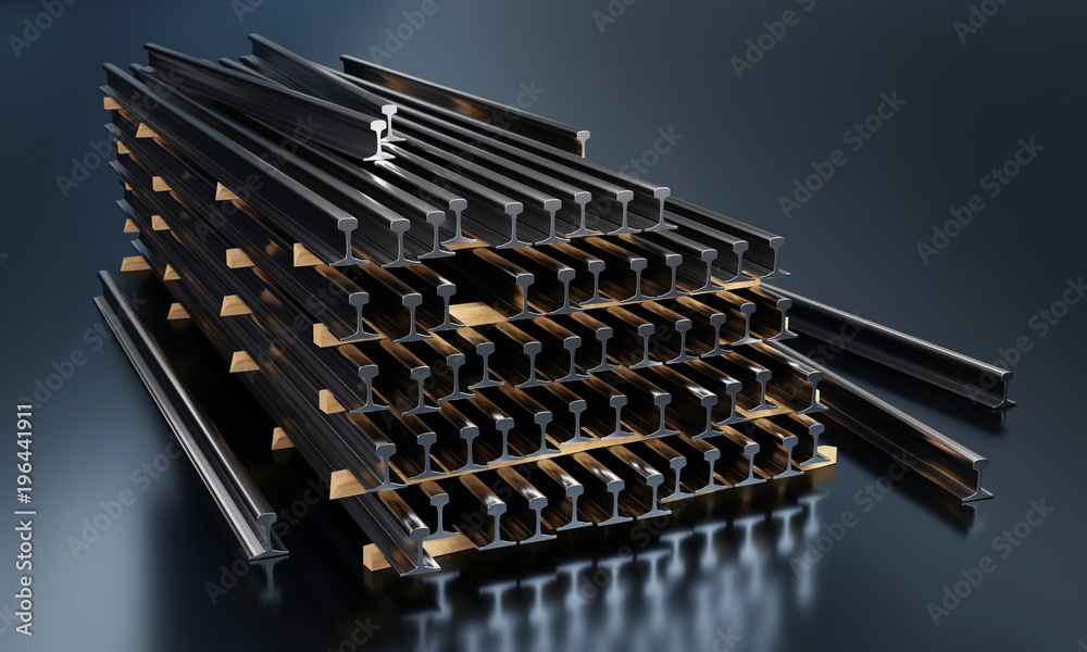Stack of rails on dark background - 3D illustration Stack of rails on dark background - 3D illustration