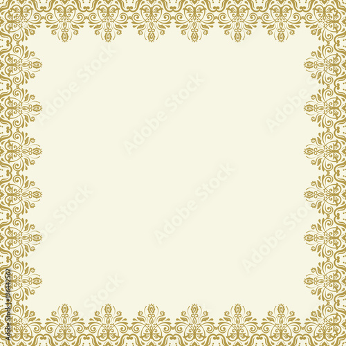 Classic vector square golden frame with arabesques and orient elements. Abstract ornament with place for text. Vintage pattern