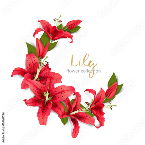 Wedding invitation with red lily flowers