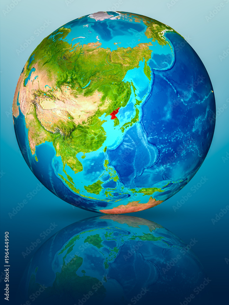Obraz premium North Korea on Earth on reflective surface