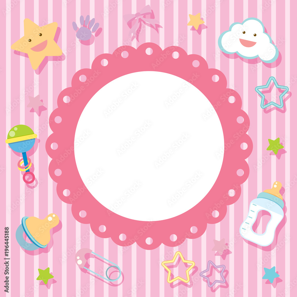 Border template with baby items on pink background Border template with baby items on pink background