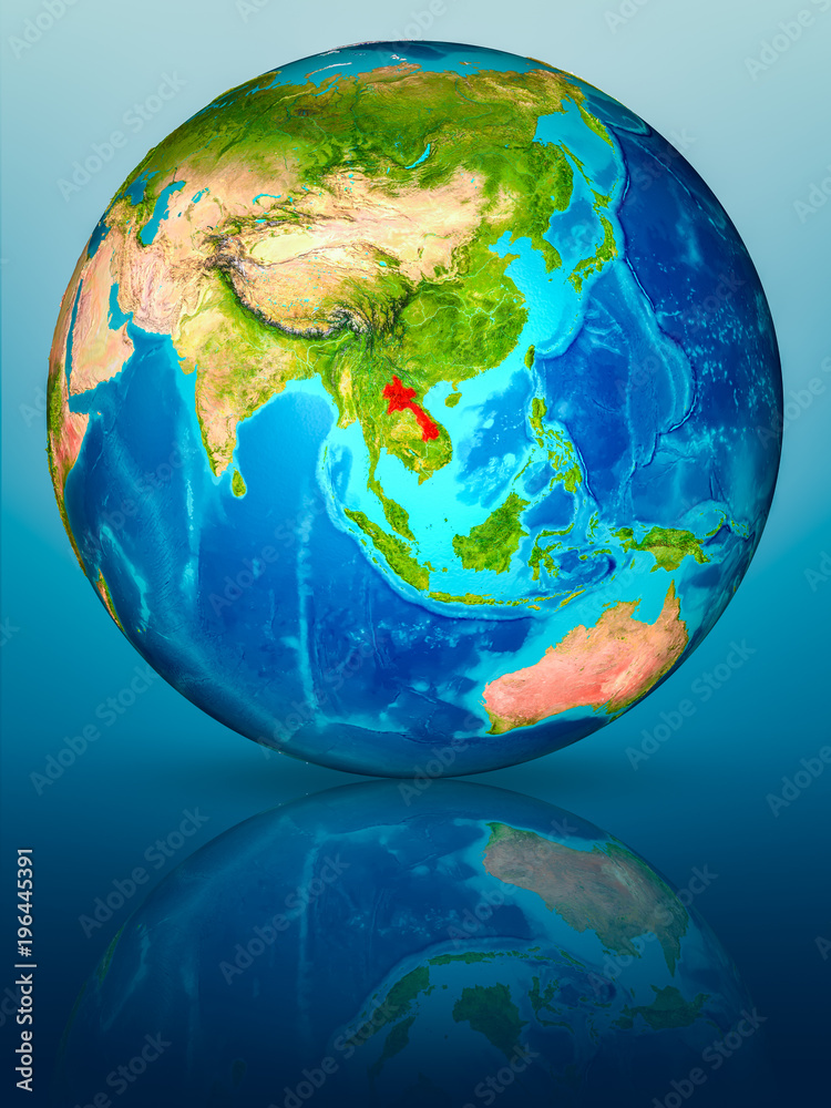 Obraz premium Laos on Earth on reflective surface