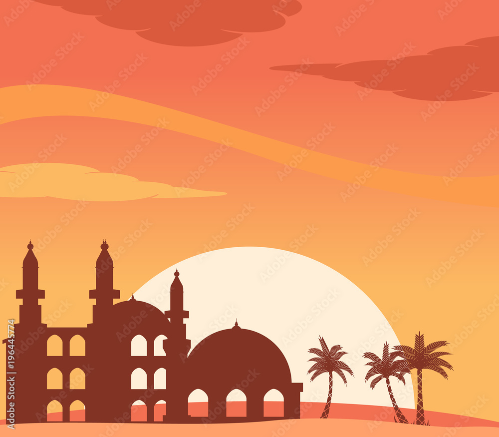 Mosque Silhouette At Sunset Background