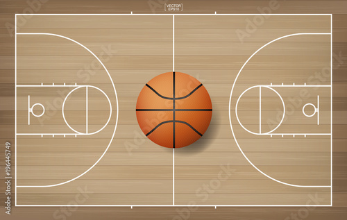 Basketball ball on basketball field with line court area. Vector illustration.