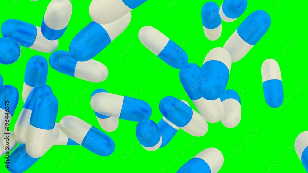 Animated white and cyan or light blue capsule pills flying from left to right in slow motion and against green background. Animated white and cyan or light blue capsule pills flying from left to right in slow motion and against green background.