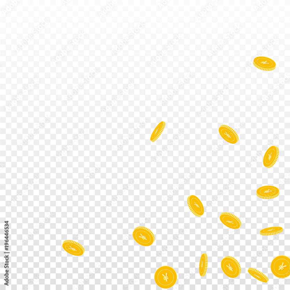 Chinese yuan coins falling. Scattered sparse CNY coins on transparent background. Unusual scattered bottom right corner vector illustration. Jackpot or success concept.