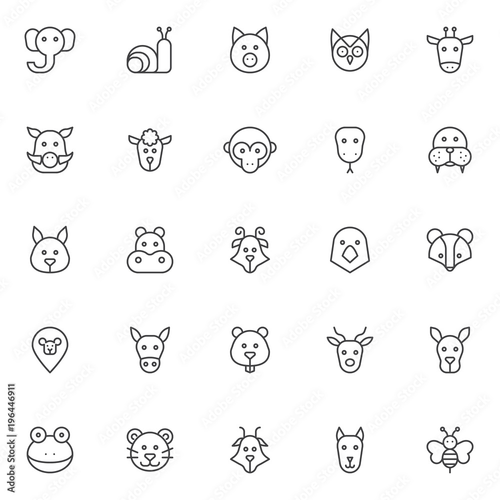 Animals heads outline icons set. linear style symbols collection, line signs pack. vector graphics. Set includes icons as elephant head, snail, pig, owl, giraffe, boar, sheep, monkey, snake walrus