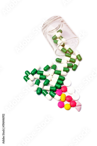 Pills and capsules on white background  Pharmacy concept