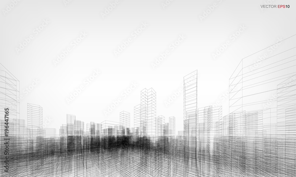 Perspective 3D render of building wireframe. Vector wireframe city background. Perspective 3D render of building wireframe. Vector wireframe city background.