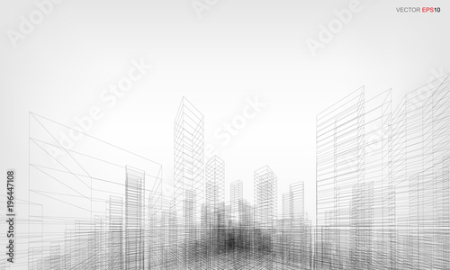 Perspective 3D render of building wireframe. Vector wireframe city background.