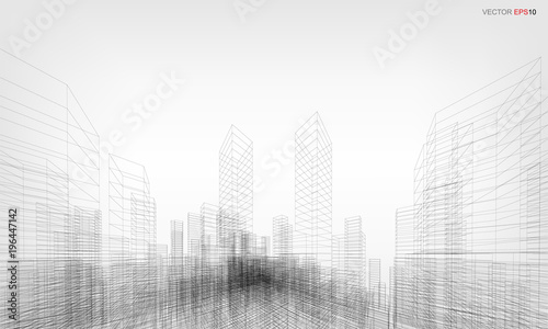 Perspective 3D render of building wireframe. Vector wireframe city background.