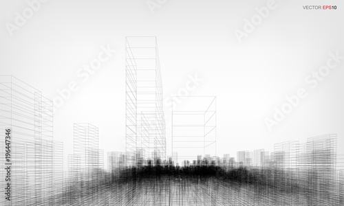 Perspective 3D render of building wireframe. Vector wireframe city background.