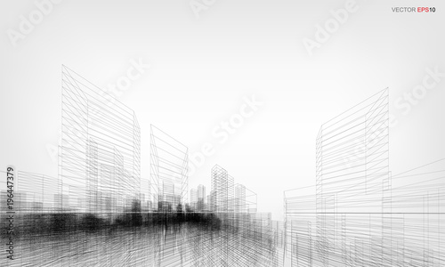 Perspective 3D render of building wireframe. Vector wireframe city background.