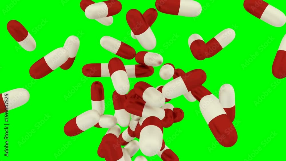 Animated white and red capsule pills flying toward camera in slow motion and against green background. Animated white and red capsule pills flying toward camera in slow motion and against green background.