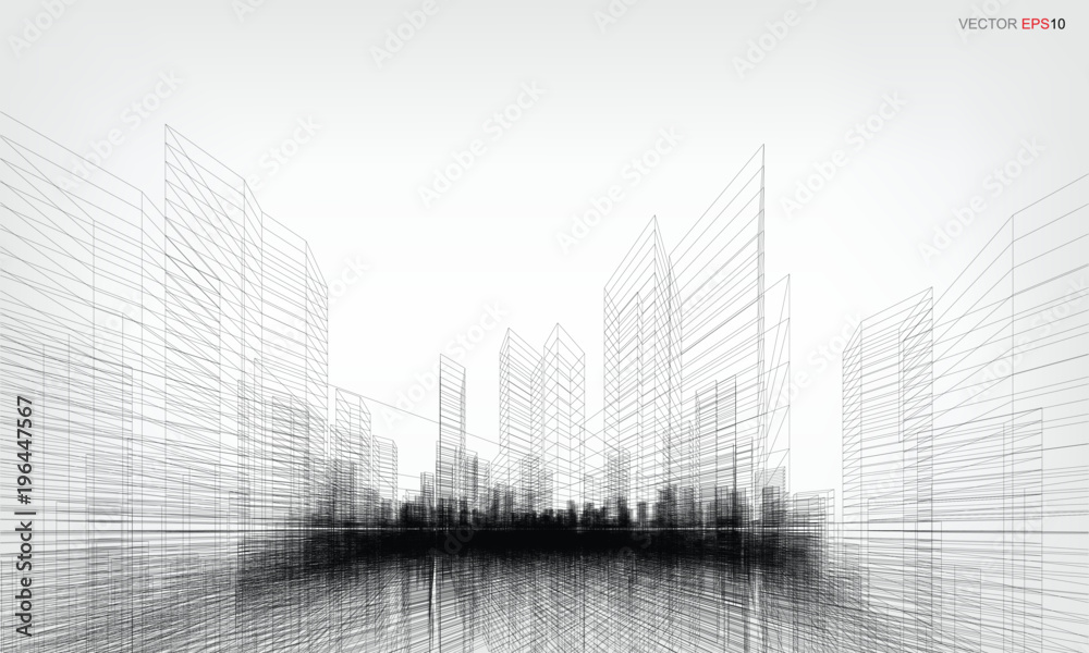 Fototapeta premium Perspective 3D render of building wireframe. Vector wireframe city background.