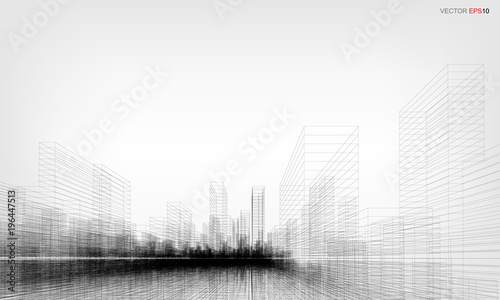 Perspective 3D render of building wireframe. Vector wireframe city background.