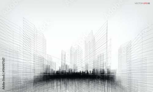 Perspective 3D render of building wireframe. Vector wireframe city background.