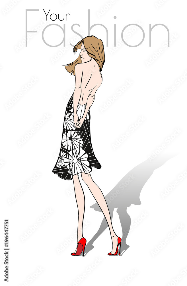 Your fashion. Stylish fashion models. Fashion girls Sketch. A girl in a black dress with a floral pattern. Your fashion. Stylish fashion models. Fashion girls Sketch. A girl in a black dress with a floral pattern.