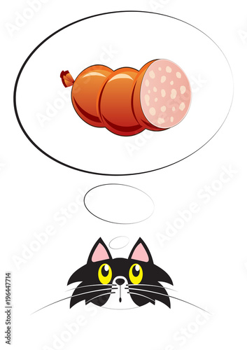 Lovely cartoon cat dreaming of sausage. Cat and bubble with sausage. Vector greeting card.