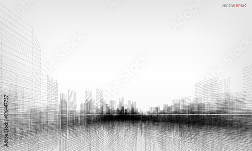 Perspective 3D render of building wireframe. Vector wireframe city background.