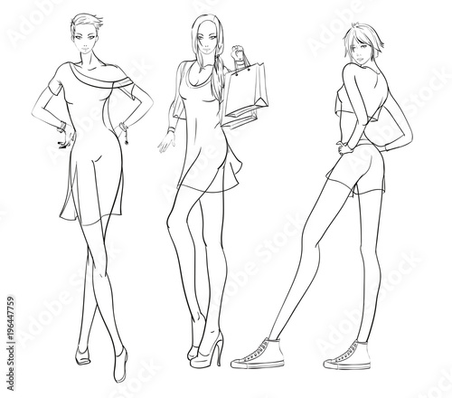 Stylish fashion models. Pretty young girls. Fashion girls Sketch
