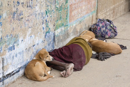 Fotografie Homeless man lies with the dogs on the street near Ganges River in morning of Va