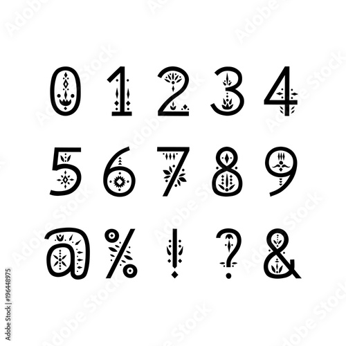 Vector display alphabet. Numbers and punctuation decorated with floral patterns.
